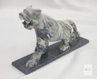 Polished Marble Tiger Statue 8.25" Gray White Black Veined Stone Sculpture Decorative Figurine
