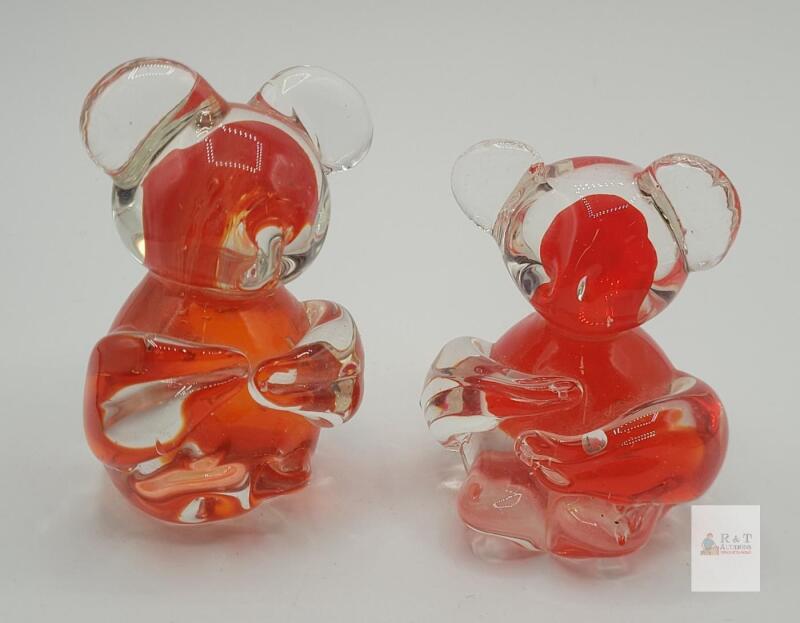Hand-Blown Glass Bear Figurines (Pair) &ndash; Red and Clear, Approx. 3.5" Tall