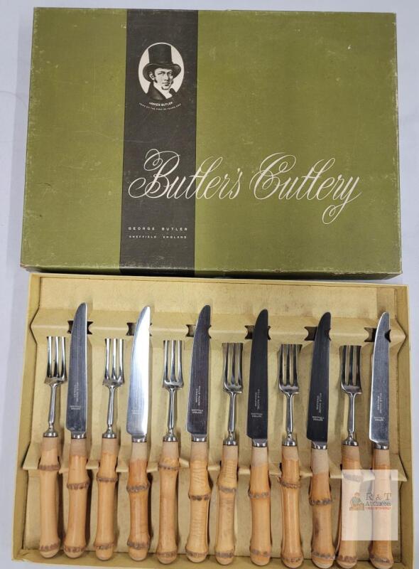 George Butler Sheffield 12-Piece Faux Bamboo Handle Cutlery Set with Original Box