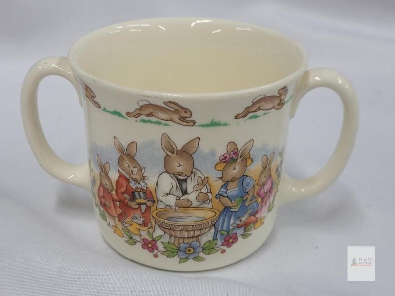 Royal Doulton Bunnykins Double Handled Christening Mug, Bone China, England, Bunny Family Motif