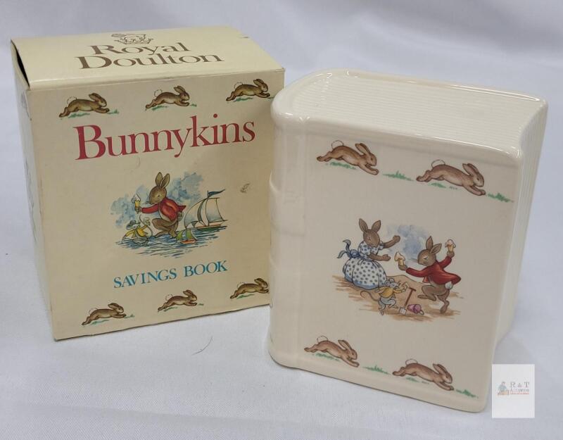 Royal Doulton Bunnykins Savings Book Ceramic Coin Bank with Box, England, 1981, Book Shape