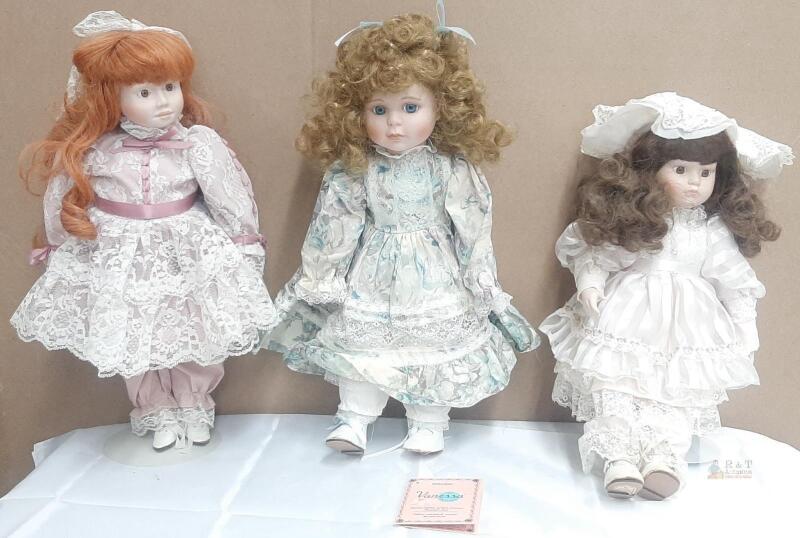 Set of 3 Porcelain Collector Dolls &ndash; Vanessa &lsquo;The Collector's Dreams&rsquo; 1997, Sabrina 1986, Stands