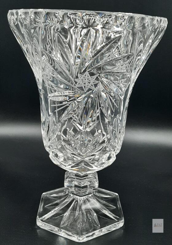 Cut Lead Crystal Pedestal Vase, Starburst & Fan Design, Hexagonal Base, 9-In Tall Approximate