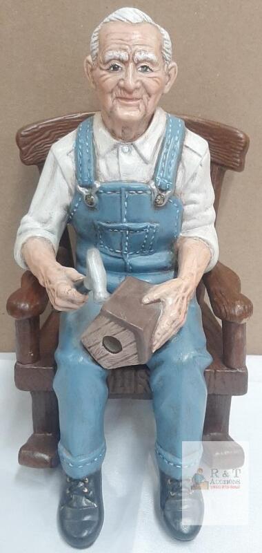 2 pc Ceramic Elderly Man in Rocking Chair Figurine Holding Birdhouse,