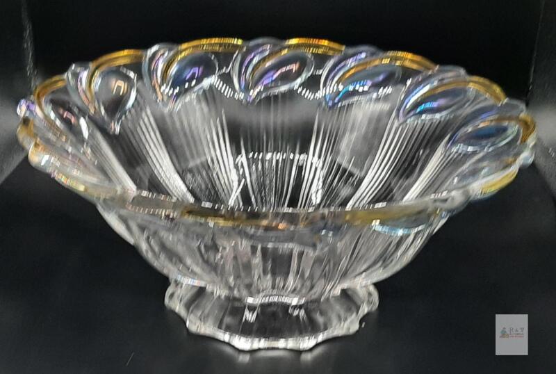 Iridescent Glass Serving Bowl, Scalloped Edge, Gold Rim, Decorative, Footed Base