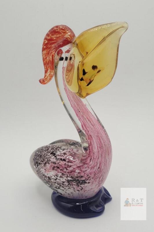 Murano Style Hand-Blown Glass Pelican Sculpture, 7.5" Multicolor Art Glass Bird with Blue Base