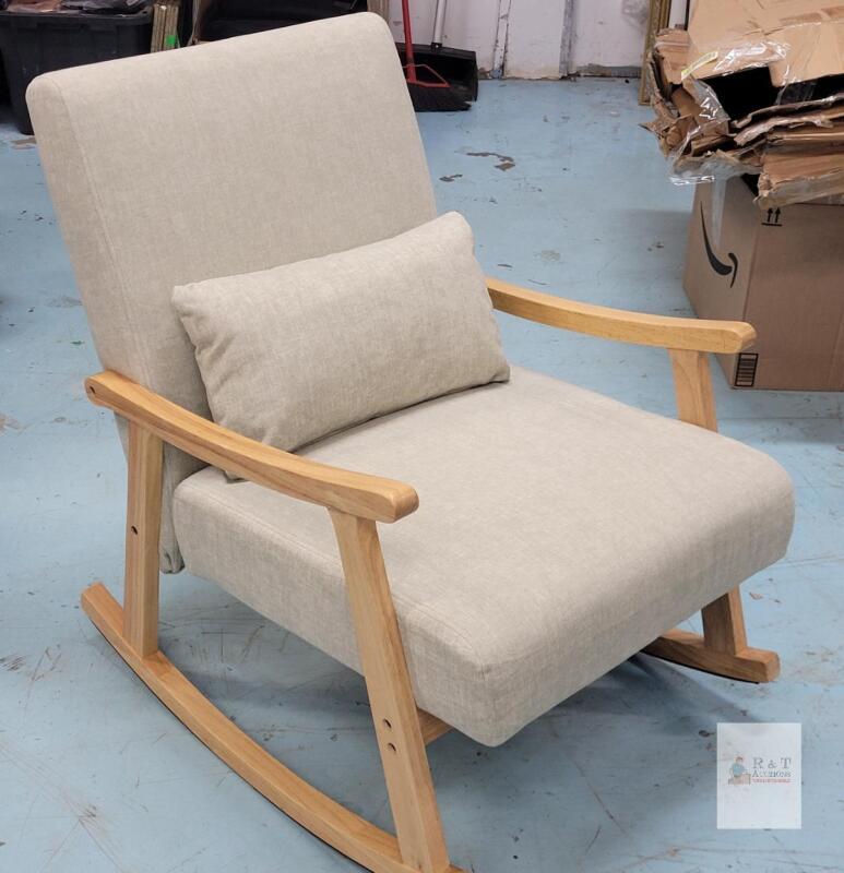 as is read description please Modern Upholstered Rocking Chair, Light Gray, Wooden Arms, Removable Lumbar Cushion