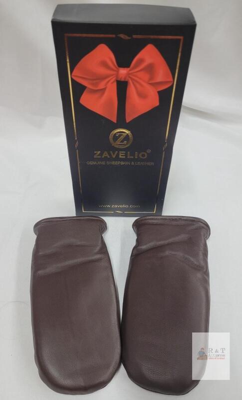 Zavelio Unisex Premium Shearling Sheepskin Leather Mittens, Brown, Small