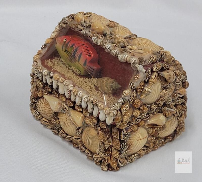 Vintage Seashell Trinket Box, Glass Front with Fish, Approx. 5.25"x3.75"x4", Red Felt Lined