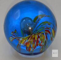 Art Glass Paperweight, 3" Diameter, Blue with Multicolored Interior Design