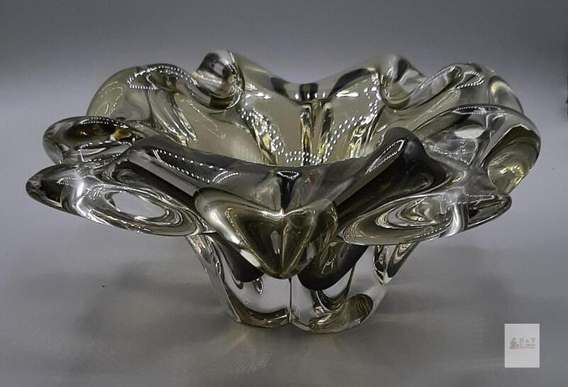 Chalet Glass Hand-Blown Freeform Art Glass Centerpiece Bowl, Clear/Amber Tint, 12" Diameter, Ruffled Edge