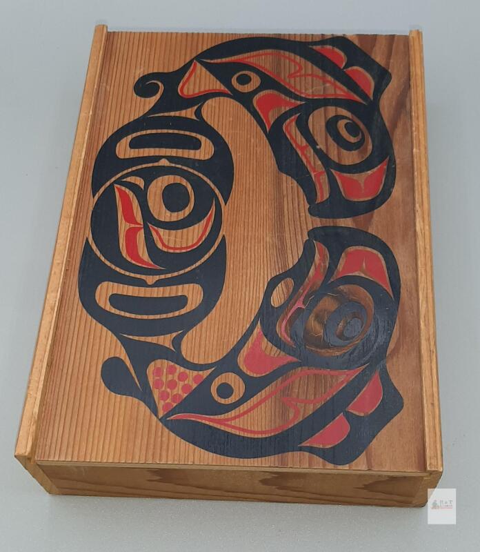 Hidabox Art Northwest Coast Indigenous-Style Cedar Box, Sliding Lid, Orca/Fish Artwork,