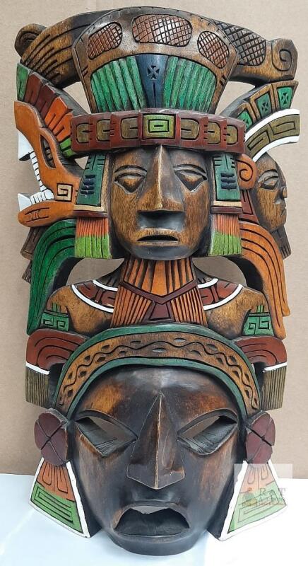 Hand-Carved Mayan Cedar Wood Mask with Jaguar and Serpent Headdress,