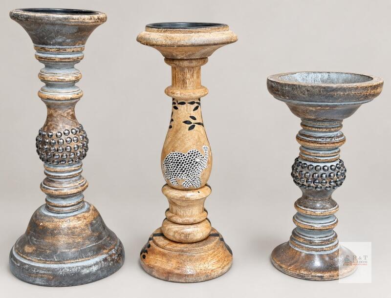 Set of Three Decorative Wooden Pillar Candle Holders with Elephant Motif and Stud Accents