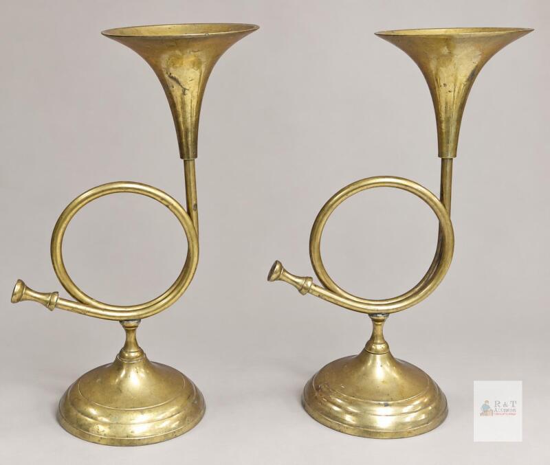 Pair of Decorative Brass Horn Candle Holders, 9.75" H, Made in India