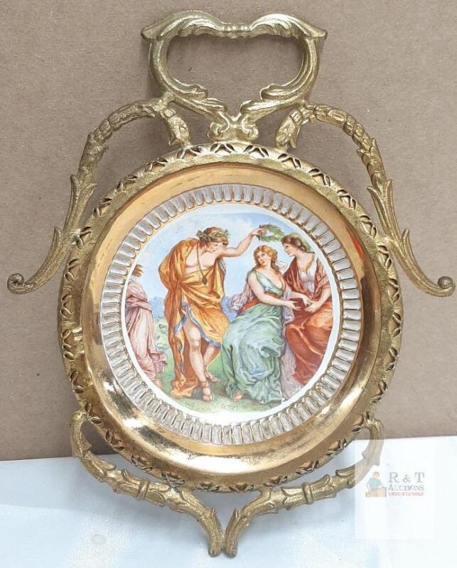 Vintage Italian Florentine Gilt Brass & Porcelain Plate with Hand-Painted Classical Scene