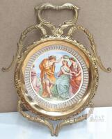 Vintage Italian Florentine Gilt Brass & Porcelain Plate with Hand-Painted Classical Scene