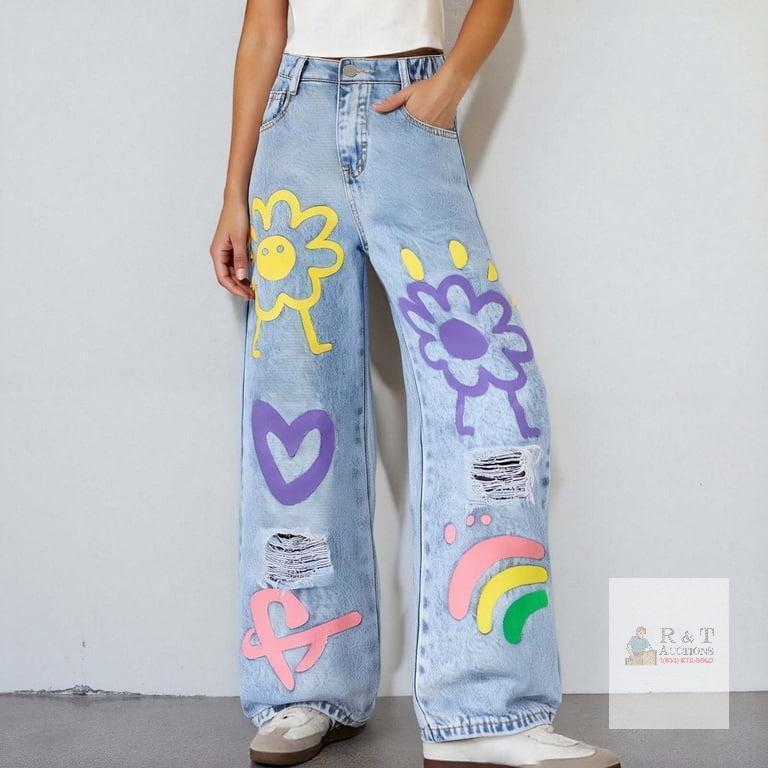 NEW Children's Light Blue Graphic Denim Jeans, Size 11Y, NZTZ6976, Wide-Leg, Flower/Rainbow Prints