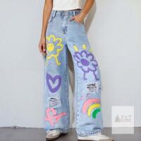 NEW Children's Light Blue Graphic Denim Jeans, Size 11Y, NZTZ6976, Wide-Leg, Flower/Rainbow Prints