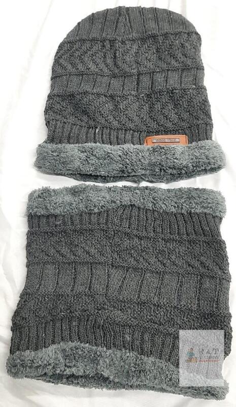 NEW SONG TING Winter Knit Beanie and Neck Warmer Set, Fleece Lined, Charcoal Gray, Adult Unisex
