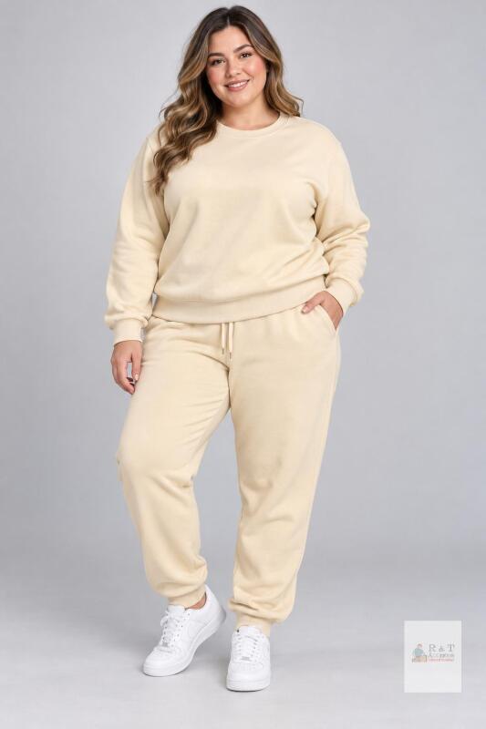new 2XL Beige Loungewear Set &ndash; Sweatshirt & Sweatpants, Cotton Blend, Made in China
