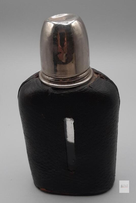 Antique Glass & Leather Hip Flask with Silver-Plated Cup, 3/8 Pint Capacity
