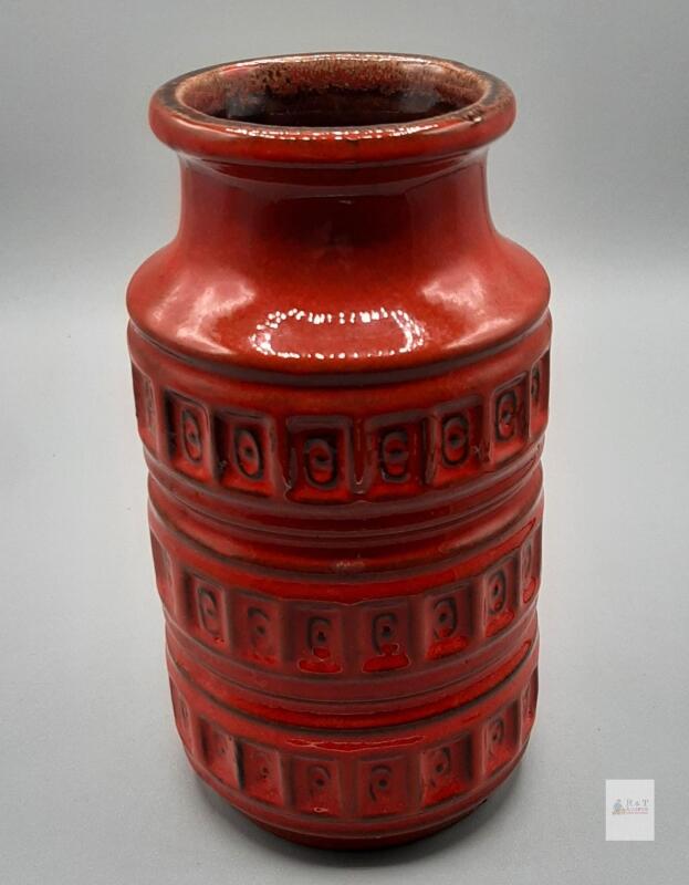 Red West German Scheurich 268-15 Fat Lava Pottery Vase, 15cm Mid-Century, Geometric Relief