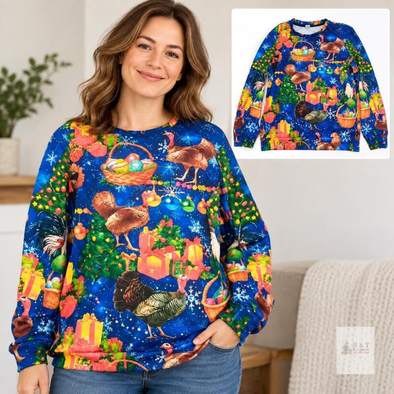 NEW XL Blue Christmas Sweatshirt with Poultry Holiday Print