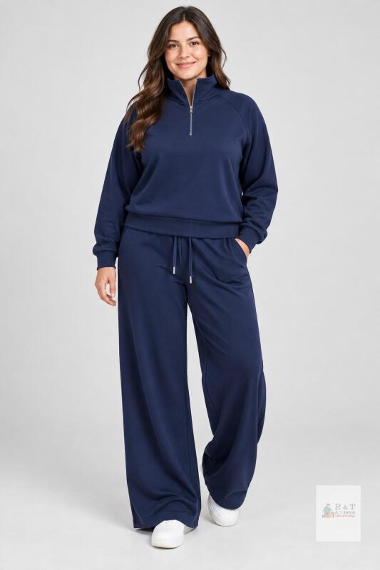 Navy Blue Unisex Large Tracksuit Set with Half-Zip Pullover and Wide-Leg Pants