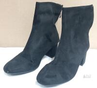 New Black Faux Suede Block Heel Ankle Boots, Size 38 EU, Rear Zipper, Rubber Sole, Rounded Toe