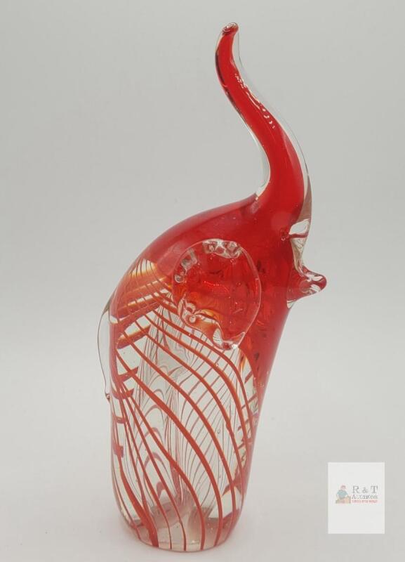 Murano Style Hand-Blown Glass Elephant Figurine, 8 Inch Tall, Red and Clear Latticino Pattern