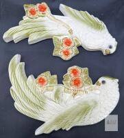 Fabor Ware Hand Painted Ceramic Bird Wall Plaques, Japan, 1950s-60s, Floral Relief Set