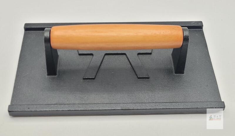 Cast Iron Grill Press with Wooden Handle, Ribbed Base, 8.25" x 4.5" Heavy-Duty Bacon Press