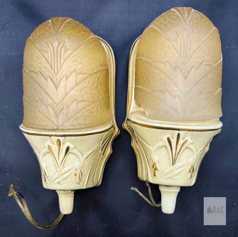 Pair Art Deco Wall Sconces, 1930s, Cream and Gold, Molded Glass Shades, 11"x6", Matching Pair