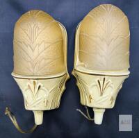 Pair Art Deco Wall Sconces, 1930s, Cream and Gold, Molded Glass Shades, 11"x6", Matching Pair