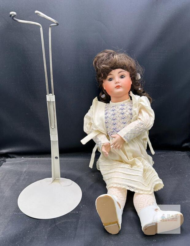Antique Bisque Porcelain Doll 18&rdquo; Brown Wig Glass Eyes Period Dress with Stand Early 1900s