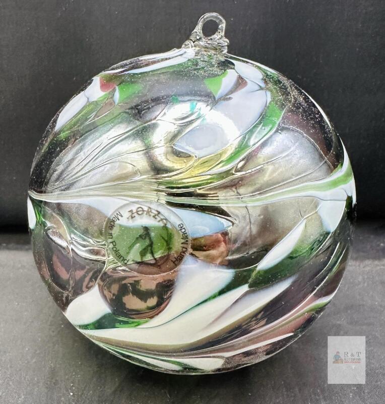 Handmade Polish Glass Ornament with Swirled Green, White, and Red Pattern
