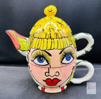 Hand-Painted Ceramic Tea-for-One Set Pop Art Face Design, Stackable Teapot and Cup