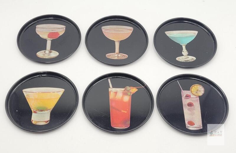 Vintage Collectible Set of 6 Double-Sided Black Plastic Cocktail Recipe Drink Coasters, 3.5" Diameter