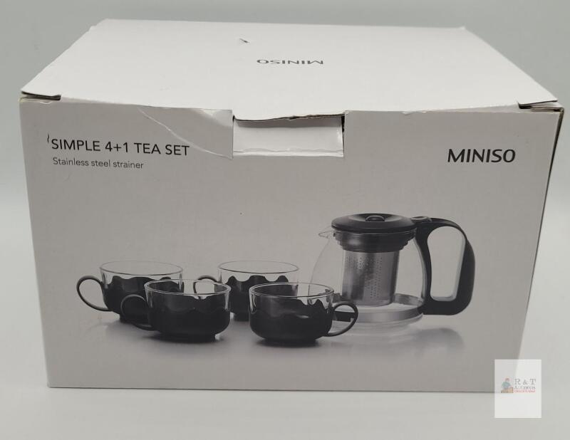 MINISO Simple 4+1 Tea Set, 700mL Teapot w/ Stainless Steel Strainer & 4 Glass Cups, Black