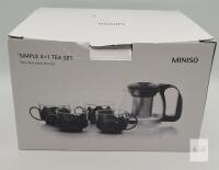 MINISO Simple 4+1 Tea Set, 700mL Teapot w/ Stainless Steel Strainer & 4 Glass Cups, Black
