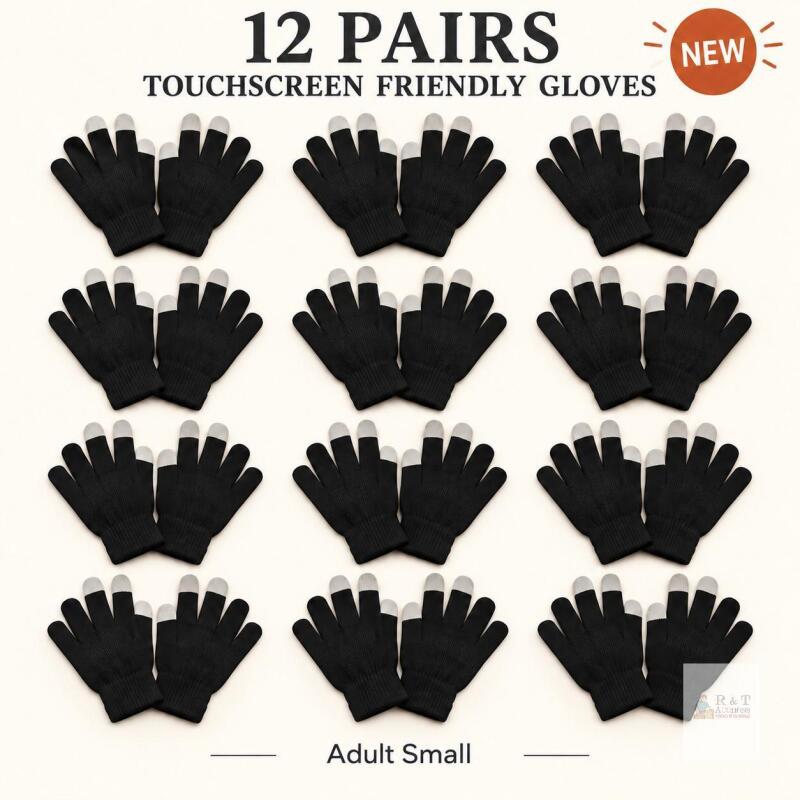 12 NEW Black Touchscreen-Friendly Knit Gloves with Grey Fingertips