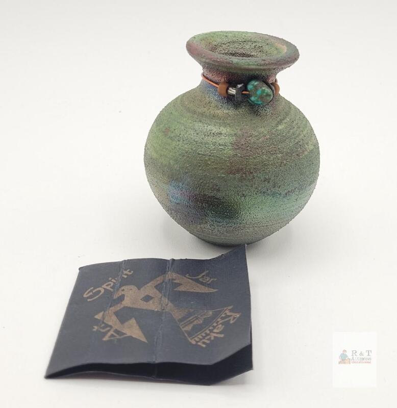 Spirit by Raku Miniature Iridescent Pottery Vase, 2.25" Tall, Beaded Accent, Signed, SW USA