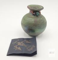 Spirit by Raku Miniature Iridescent Pottery Vase, 2.25" Tall, Beaded Accent, Signed, SW USA