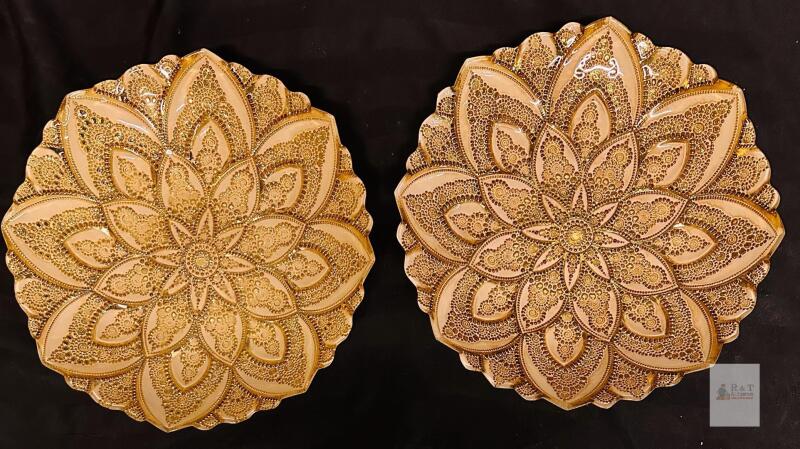 Mandala Embossed Decorative Plates, Gold & Silver Finish, 15in Diameter, Ornate Scalloped Edges