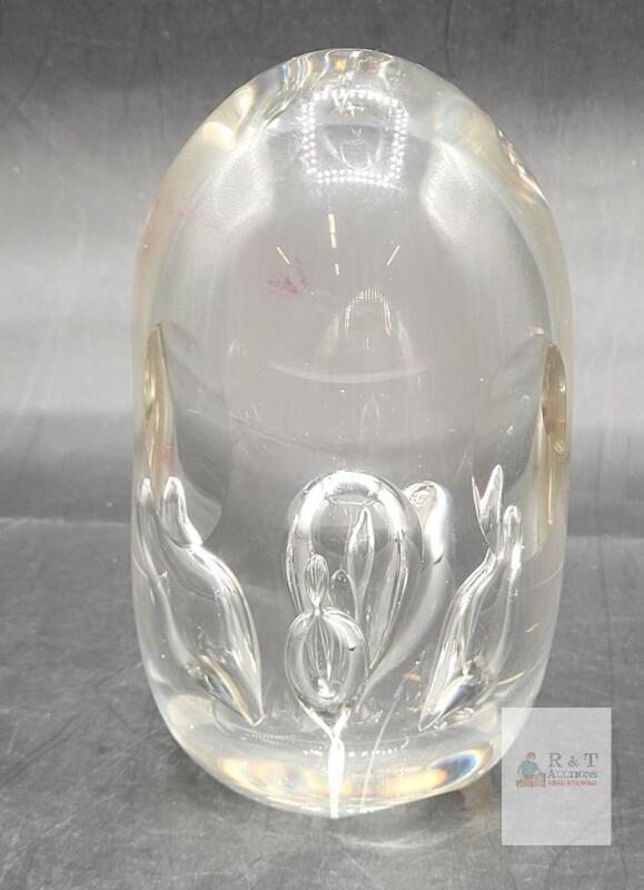 Clear Glass Art Paperweight with Encased Tulip Motif, Approx. 4.25" Height