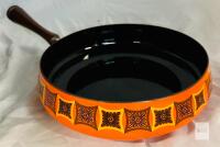 Vintage Enamel-Coated Frying Pan with Wooden Handle, Orange Mid-Century Design