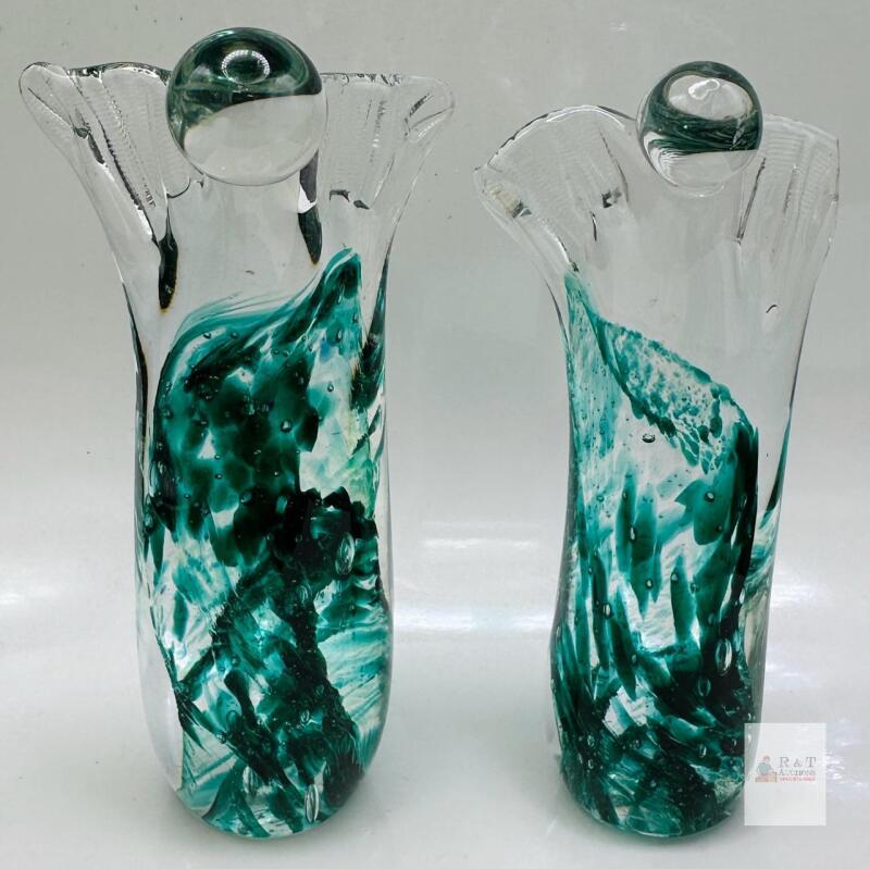 Pair of Hand-Blown Art Glass Vases, Freeform Green Swirl Design, Flared Rim, Contemporary