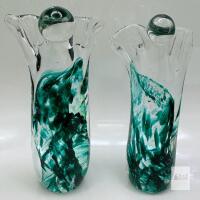 Pair of Hand-Blown Art Glass Vases, Freeform Green Swirl Design, Flared Rim, Contemporary