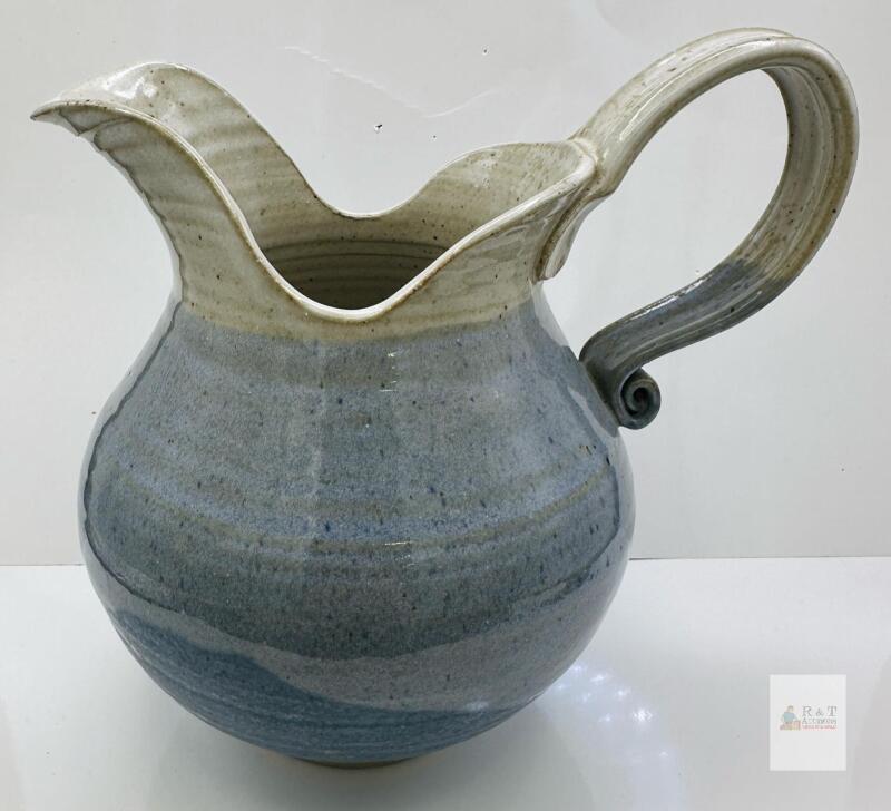 Handmade Dubois Signed Pottery Pitcher, Blue & Beige Glaze, Large Curled Handle,
